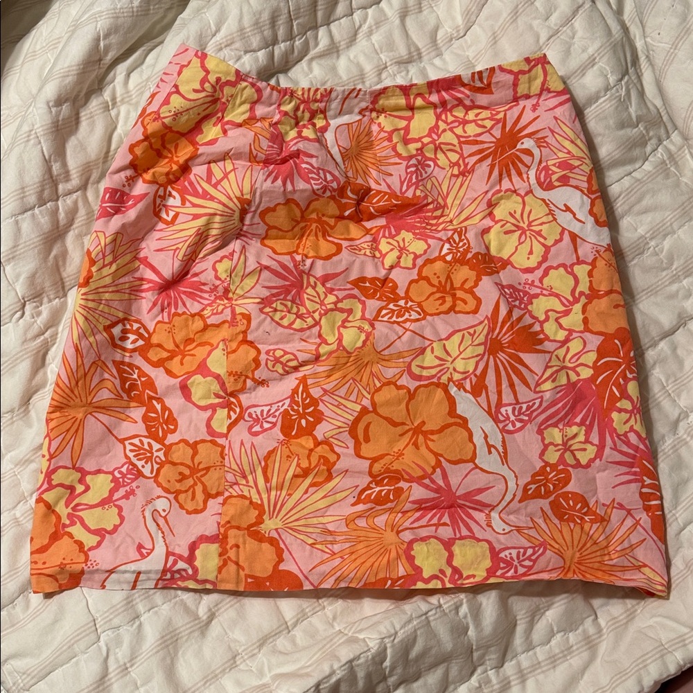 Lilly Pulitzer Tropical Pink Orange Floral Crane Bird Skirt